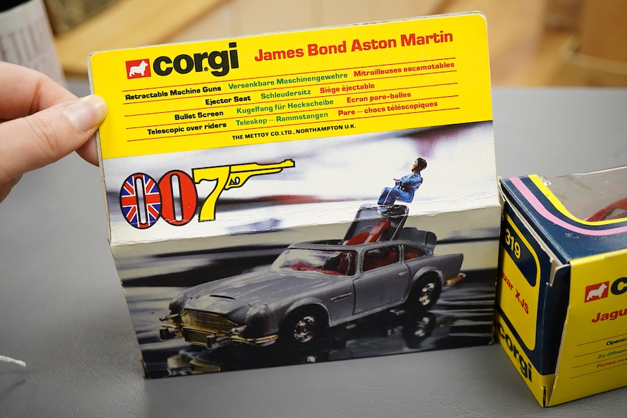 Two boxed 1970s Corgi Toys; a James Bond Aston Martin (261) in silver with passenger, together with a Jaguar XJS (319) in metallic red